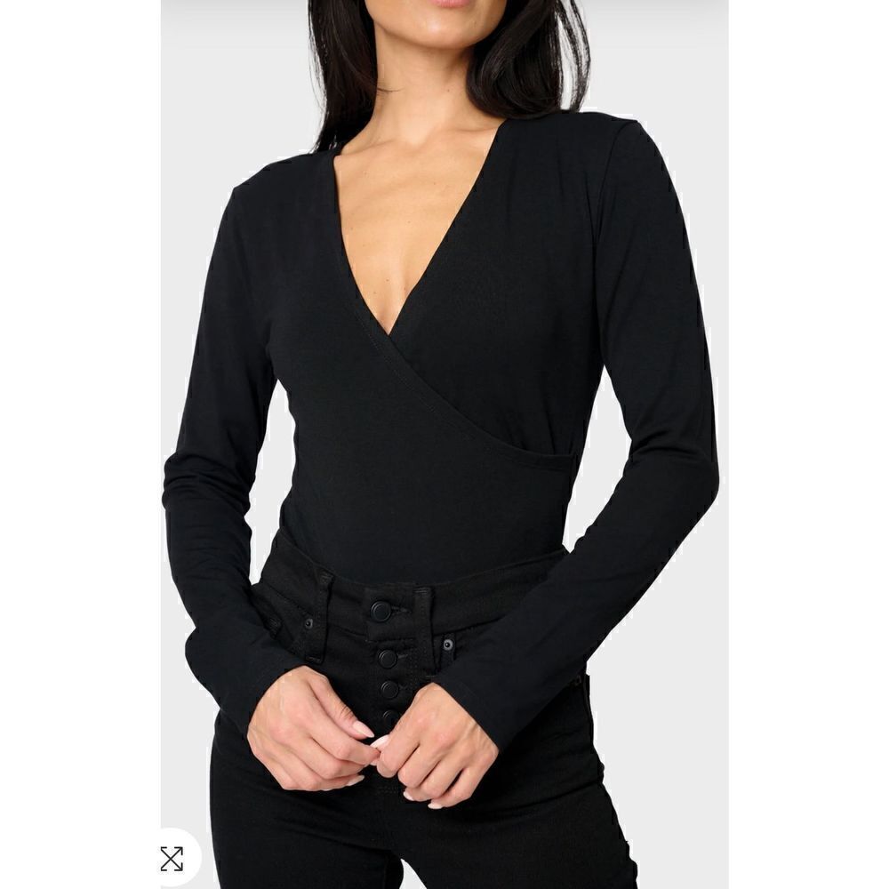 Paige Kinsey Surplice Long Sleeve Soft Pointe Bodysuit in Black NWOT Size Small